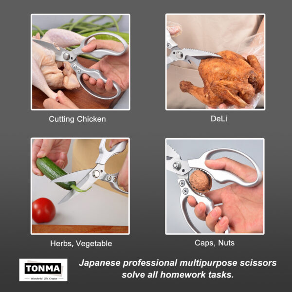TONMA [Made in Japan] Kitchen Shears Heavy Duty, Multipurpose Stainless Steel Poultry Shears Dishwasher Safe, Japanese Kitchen Scissors Sharp Non-Slip Cooking Scissors for Chicken, Fish, Food, Herbs (TKM-6) - Image 5
