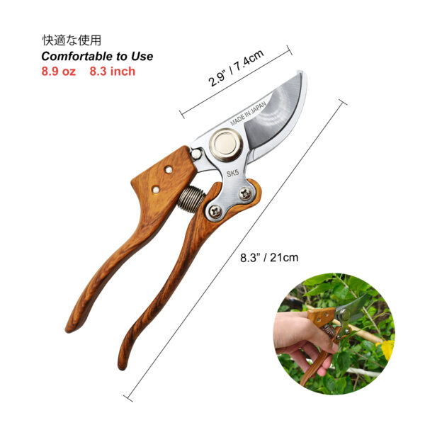 TONMA [Made in Japan] Pruning Shears 8“ Professional Bypass Garden Shears Secateurs, Japanese Gardening Scissors Plant Hand Pruner Hedge Clippers, Ergonomic Imitation Wood Grain Aluminum Alloy Handle (TP-7) - Image 4