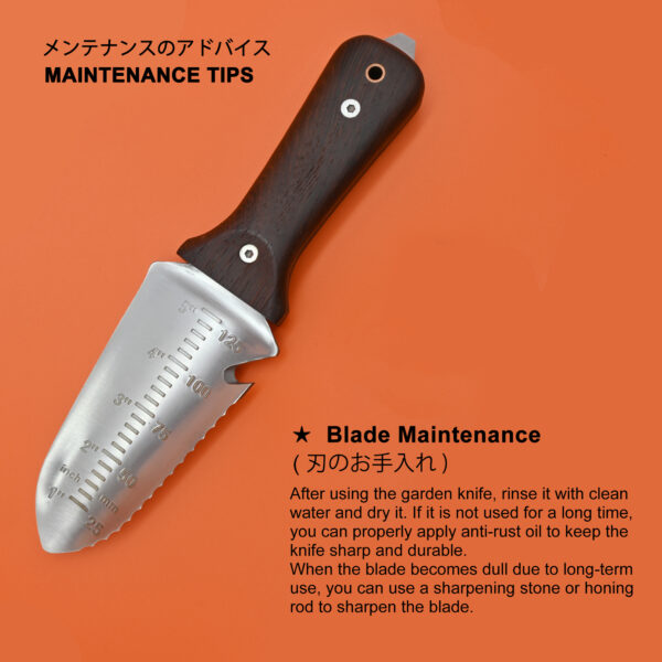 TONMA Hori Hori Garden Knife [Made in Japan] Heavy Duty Stainless Steel Japanese Hori Knife with Sheath Garden Tools, Natural Wenge Wood Handle, Full Tang (TGK-3) - Image 4