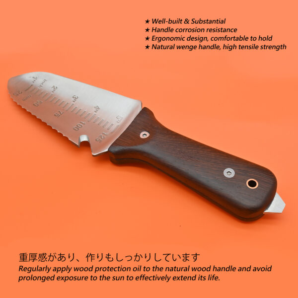 TONMA Hori Hori Garden Knife [Made in Japan] Heavy Duty Stainless Steel Japanese Hori Knife with Sheath Garden Tools, Natural Wenge Wood Handle, Full Tang (TGK-3) - Image 3